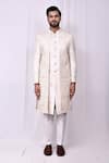 Aryavir Malhotra_Cream Sherwani Terry Rayon Woven Thread Embroidered Pant Set _at_Aza_Fashions