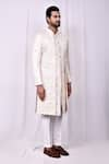 Shop_Aryavir Malhotra_Cream Sherwani Terry Rayon Woven Thread Embroidered Pant Set 