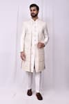 Aryavir Malhotra_Cream Sherwani Terry Rayon Woven Thread Embroidered Pant Set _Online