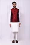 Aryavir Malhotra_Maroon Satin Silk Floral Woven Bundi Jacket _Online_at_Aza_Fashions