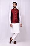 Aryavir Malhotra_Maroon Satin Silk Floral Woven Bundi Jacket _at_Aza_Fashions