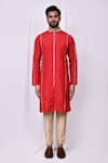 Buy_Arihant Rai Sinha_Red Art Silk Plain Embroidered Band Collar Kurta With Pant Pyjama _Online_at_Aza_Fashions