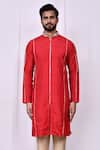 Shop_Arihant Rai Sinha_Red Art Silk Plain Embroidered Band Collar Kurta With Pant Pyjama _Online_at_Aza_Fashions