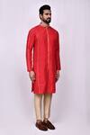 Buy_Arihant Rai Sinha_Red Art Silk Plain Embroidered Band Collar Kurta With Pant Pyjama 