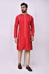 Shop_Arihant Rai Sinha_Red Art Silk Plain Embroidered Band Collar Kurta With Pant Pyjama 