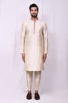 Buy_Arihant Rai Sinha_Beige Silk Sequins Embroidered Band Collar Kurta With Pant Pyjama _Online_at_Aza_Fashions