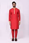 Buy_Arihant Rai Sinha_Red Art Silk Plain Bahar Embroidered Band Collar Kurta With Pant Pyjama _Online_at_Aza_Fashions