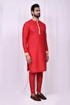 Arihant Rai Sinha_Red Art Silk Plain Bahar Embroidered Band Collar Kurta With Pant Pyjama _at_Aza_Fashions