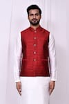 Buy_Arihant Rai Sinha_Red Art Silk Threadwork Bundi _Online_at_Aza_Fashions