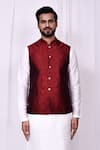 Aryavir Malhotra_Maroon Kurta And Pant Pyjama Art Silk Woven Floral Bundi Set _at_Aza_Fashions