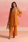 Buy_One Not Two_Orange Kurta Silk Embroidery Beads V-neck Buti Asymmetric And Pant Set _at_Aza_Fashions