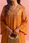 Buy_One Not Two_Orange Kurta Silk Embroidery Beads V-neck Buti Asymmetric And Pant Set _Online_at_Aza_Fashions