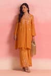 Shop_One Not Two_Orange Kurta Silk Embroidery Beads V-neck Buti Asymmetric And Pant Set _Online_at_Aza_Fashions