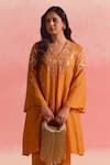 Buy_One Not Two_Orange Kurta Silk Embroidery Beads V-neck Buti Asymmetric And Pant Set 