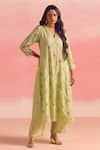 Buy_One Not Two_Green Kurta And Pant Silk Embroidery Sequins V-neck Crushed A-line & Set _at_Aza_Fashions