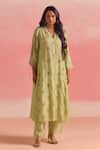 Shop_One Not Two_Green Kurta And Pant Silk Embroidery Sequins V-neck Crushed A-line & Set _Online_at_Aza_Fashions