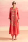 Shop_One Not Two_Coral Kurta And Pant Silk Embroidery V-neck A-line & Set _Online_at_Aza_Fashions