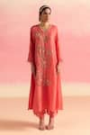 Shop_One Not Two_Coral Kurta And Pant Silk Embroidery V-neck A-line & Set 