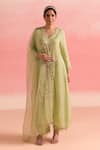 Buy_One Not Two_Green Kurta And Pant Silk Embroidery Floral V-neck Crystals A-line & Set _at_Aza_Fashions