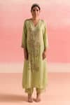 Shop_One Not Two_Green Kurta And Pant Silk Embroidery Floral V-neck Crystals A-line & Set _Online_at_Aza_Fashions