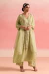 One Not Two_Green Kurta And Pant Silk Embroidery Floral V-neck Crystals A-line & Set _at_Aza_Fashions