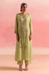 Buy_One Not Two_Green Kurta And Pant Silk Embroidery Floral V-neck Crystals A-line & Set 