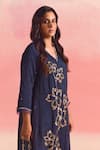 One Not Two_Blue Kurta And Pant Silk Embroidery Floral V-neck Crystals Flared & Set _Online_at_Aza_Fashions