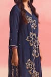 Buy_One Not Two_Blue Kurta And Pant Silk Embroidery Floral V-neck Crystals Flared & Set _Online_at_Aza_Fashions