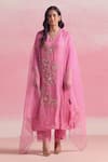 Buy_One Not Two_Pink Kurta And Pant Silk Embroidery Floral V-neck Beads A-line & Set _at_Aza_Fashions