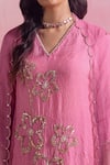 One Not Two_Pink Kurta And Pant Silk Embroidery Floral V-neck Beads A-line & Set _Online_at_Aza_Fashions