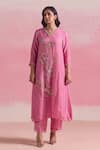 Buy_One Not Two_Pink Kurta And Pant Silk Embroidery Floral V-neck Beads A-line & Set _Online_at_Aza_Fashions