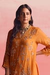 Shop_One Not Two_Orange Kurta And Pant Silk Embroidery Floral V-neck Geometric A-line & Set _Online_at_Aza_Fashions