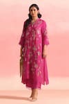 Buy_One Not Two_Pink Kurta And Pant Silk Embroidery Floral V-neck Crystals Asymmetric & Set _at_Aza_Fashions