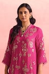 One Not Two_Pink Kurta And Pant Silk Embroidery Floral V-neck Crystals Asymmetric & Set _Online_at_Aza_Fashions