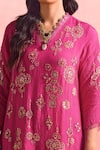 Buy_One Not Two_Pink Kurta And Pant Silk Embroidery Floral V-neck Crystals Asymmetric & Set _Online_at_Aza_Fashions