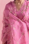 One Not Two_Pink Kurta And Pant Silk Embroidery Floral V-neck Sequins Asymmetric & Set _Online_at_Aza_Fashions