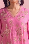 Shop_One Not Two_Pink Kurta And Pant Silk Embroidery Floral V-neck Sequins Asymmetric & Set _Online_at_Aza_Fashions