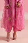 One Not Two_Pink Kurta And Pant Silk Embroidery Floral V-neck Sequins Asymmetric & Set _at_Aza_Fashions