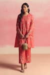 Buy_One Not Two_Coral Kurta Silk And Organza Embroidery Geometric Motif A-line & Pant Set _at_Aza_Fashions