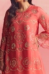 One Not Two_Coral Kurta Silk And Organza Embroidery Geometric Motif A-line & Pant Set _Online_at_Aza_Fashions