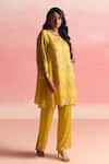 One Not Two_Yellow Kurta Silk And Organza Embroidery Geometric Motif Short & Pant Set _at_Aza_Fashions