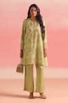 Buy_One Not Two_Green Kurta Silk And Organza Embroidery Geometric Sequins A-line & Pant Set _Online_at_Aza_Fashions