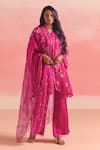 Buy_One Not Two_Pink Kurta Silk And Organza Embroidery Geometric Motif Gathered & Pant Set _at_Aza_Fashions