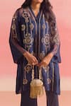 One Not Two_Blue Kurta Silk And Organza Embroidery Crystals V-neck Gathered Yoke & Pant Set _Online_at_Aza_Fashions