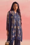 Buy_One Not Two_Blue Kurta Silk And Organza Embroidery Crystals V-neck Gathered Yoke & Pant Set _Online_at_Aza_Fashions