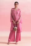 Buy_One Not Two_Pink Kurta Silk And Organza Embroidery Crystals V-neck Asymmetric & Pant Set _Online_at_Aza_Fashions