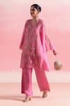 Buy_One Not Two_Pink Kurta Silk And Organza Embroidery Crystals V-neck Asymmetric & Pant Set 