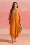 Buy_One Not Two_Orange Kurta Silk Embroidery Floral Round Crystals Asymmetric Hem And Pant Set _at_Aza_Fashions