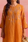 Buy_One Not Two_Orange Kurta Silk Embroidery Floral Round Crystals Asymmetric Hem And Pant Set _Online_at_Aza_Fashions