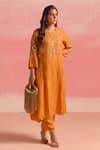 One Not Two_Orange Kurta Silk Embroidery Floral Round Crystals Asymmetric Hem And Pant Set _at_Aza_Fashions